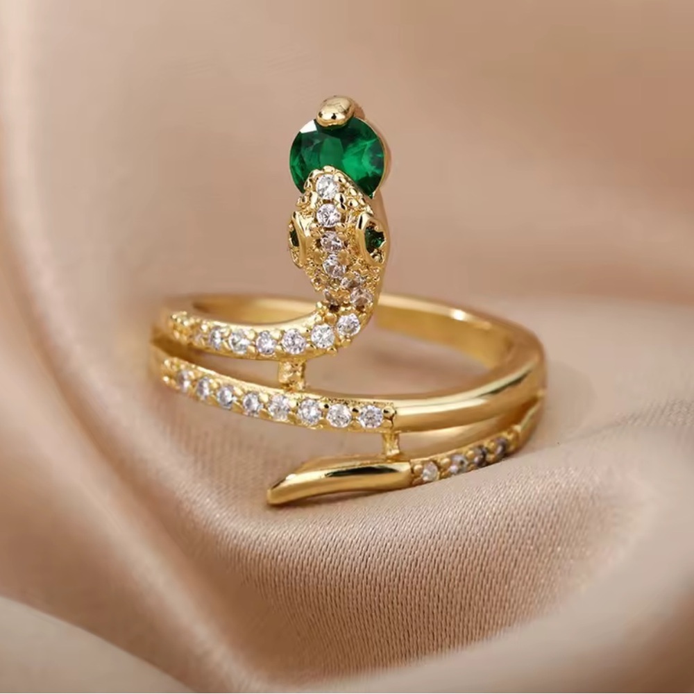 Gold Snake Ring with Green Stone and Pavé Crystals - Picture 3 of 11